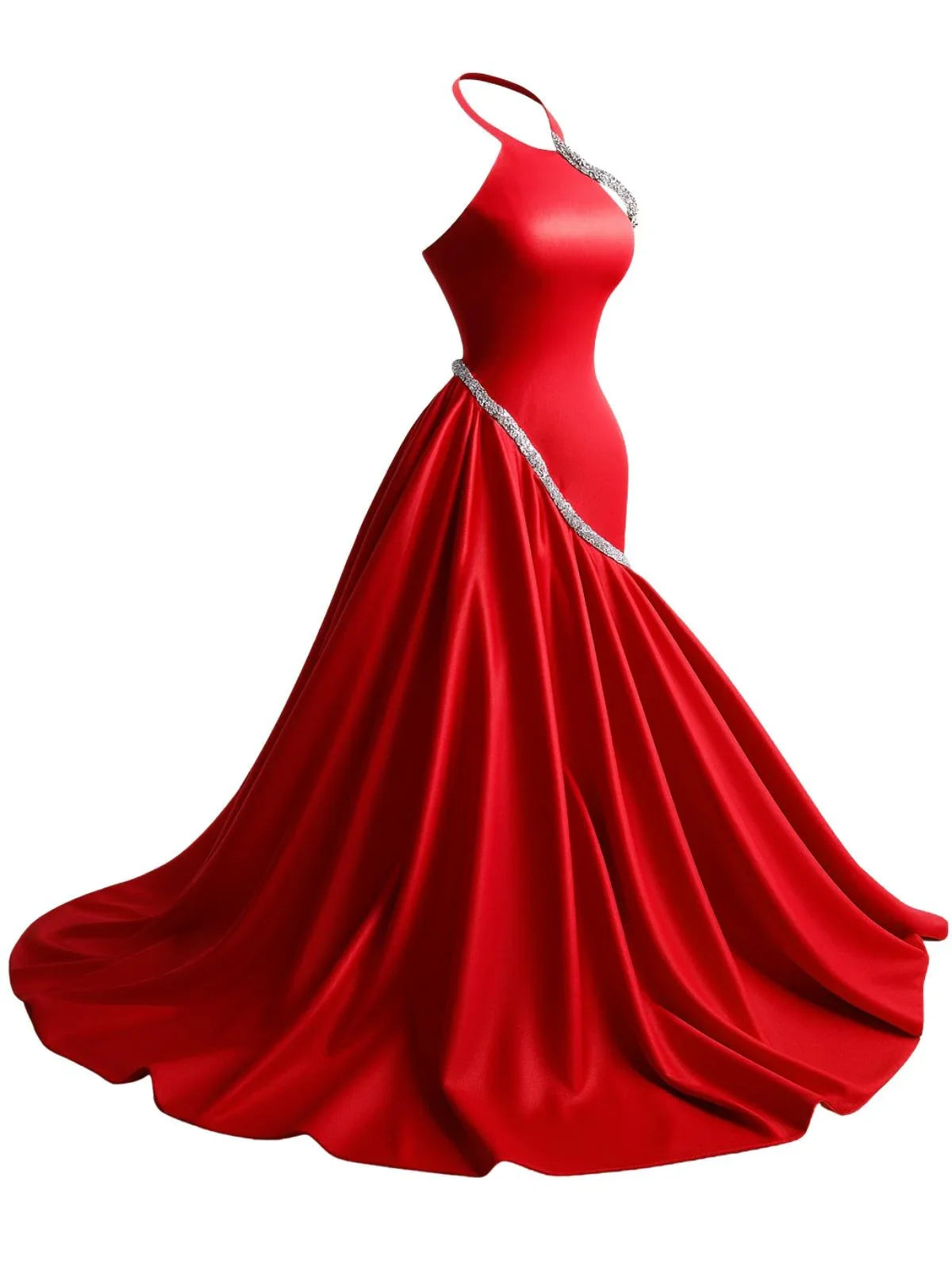 Red evening gown with a silver waistband on a white background