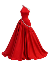 Thumbnail for Red evening gown with a beaded waistband on a white background