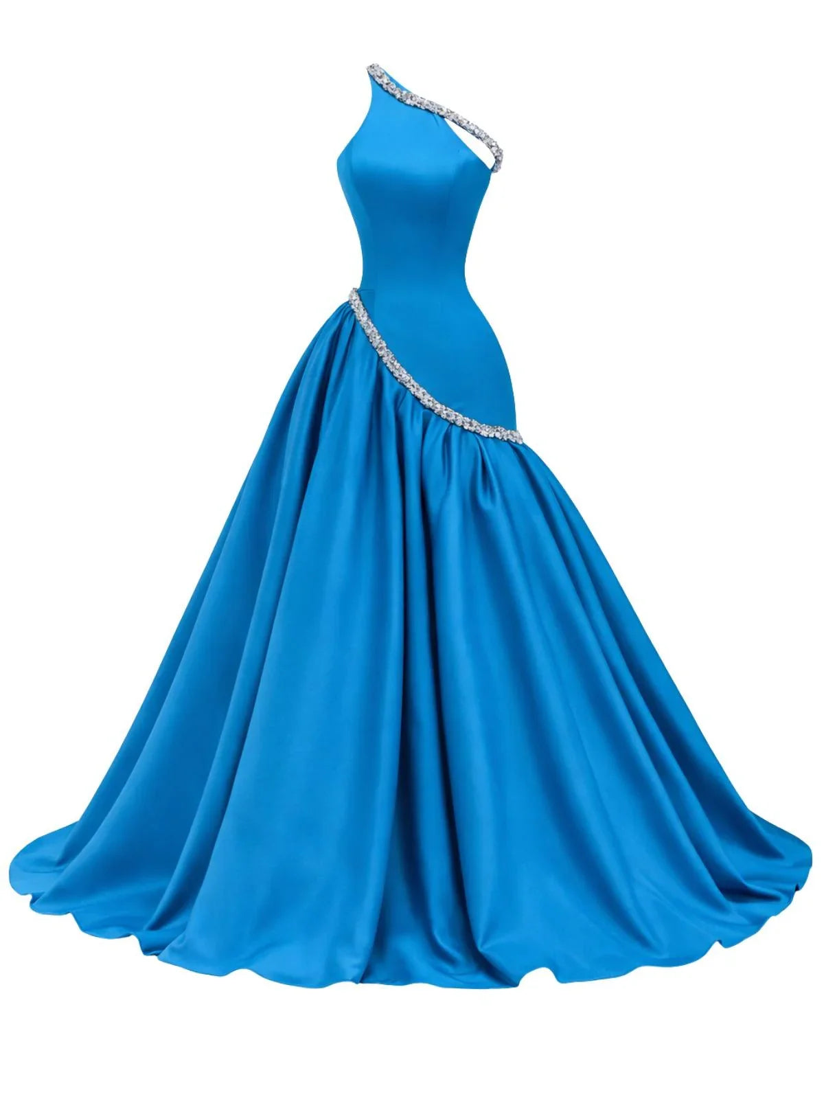 Blue evening gown with a beaded rhinestone waistband on a white background