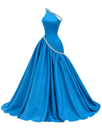 Thumbnail for Blue evening gown with a beaded rhinestone waistband on a white background