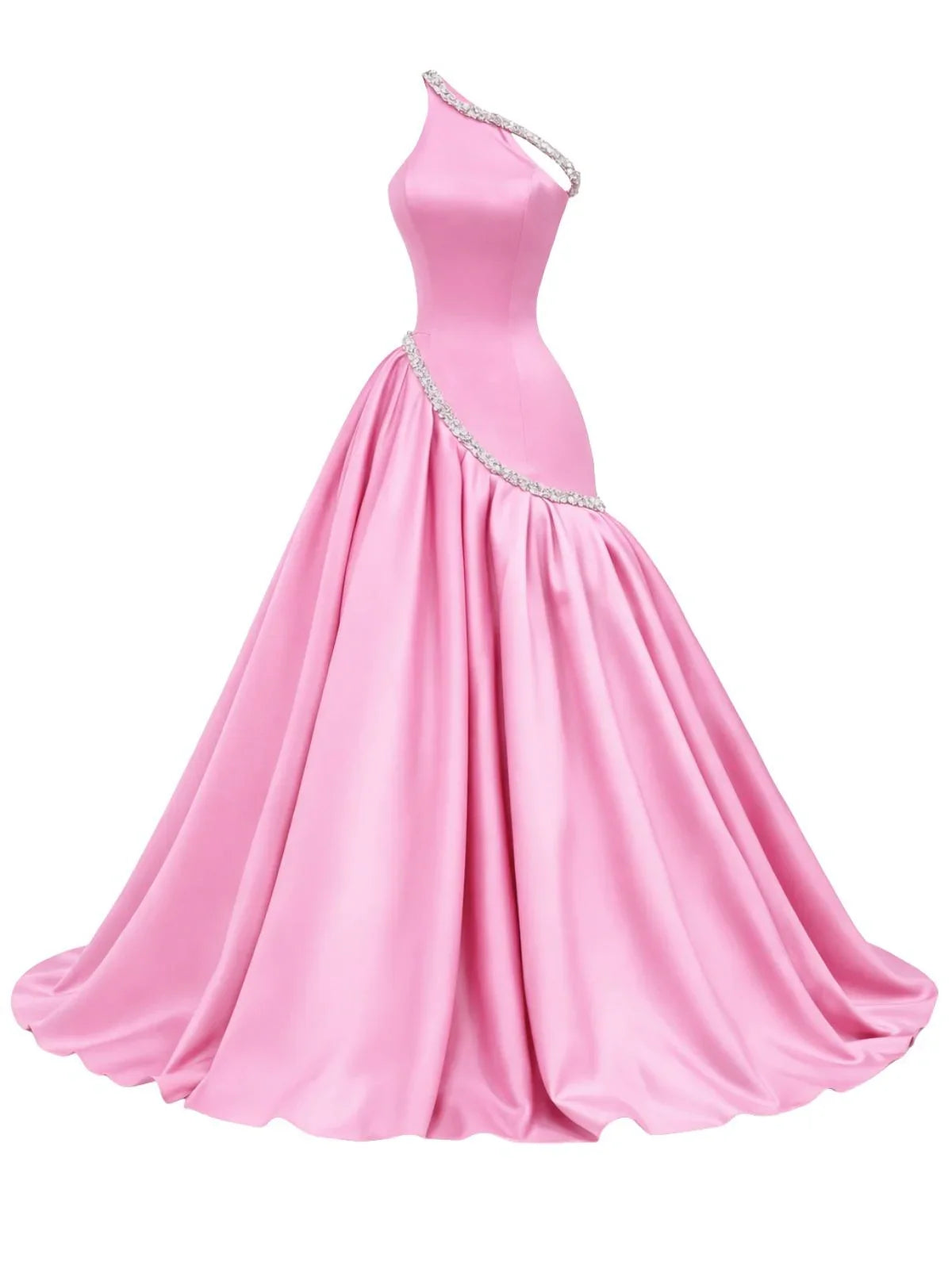 Pink one-shoulder evening gown with a beaded waistband on a white background