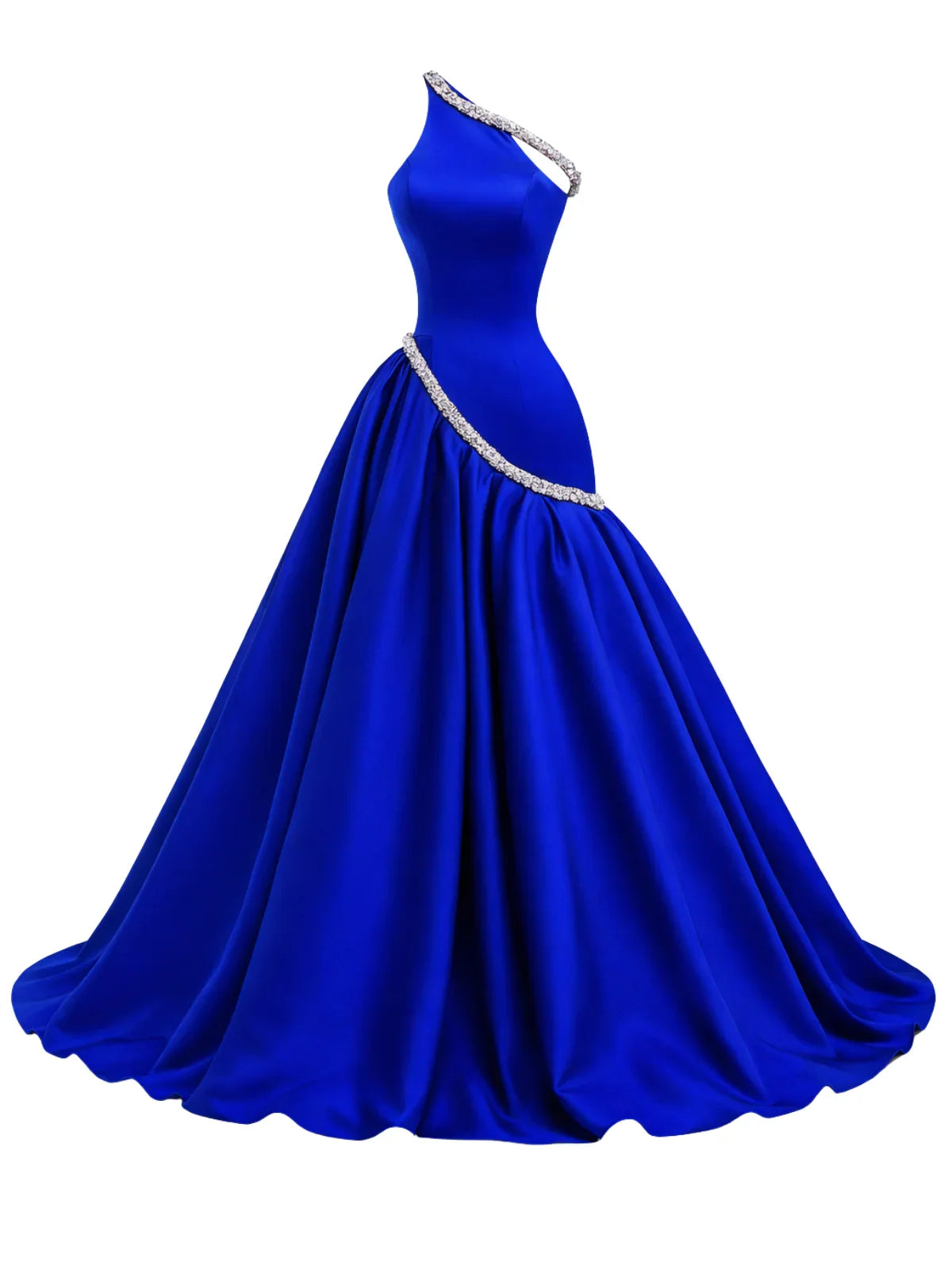 Blue evening gown with silver embellishments on a white background