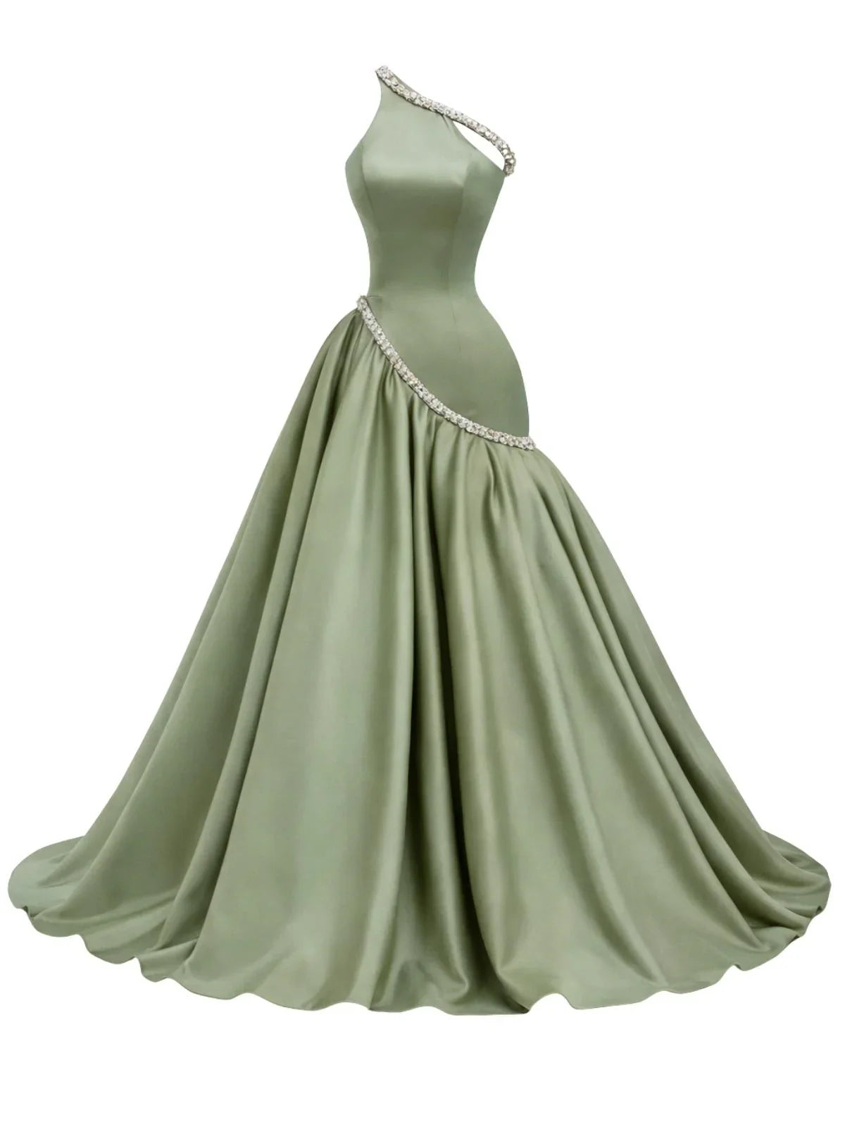 Green evening gown with a rhinestone beaded neckline on a white background