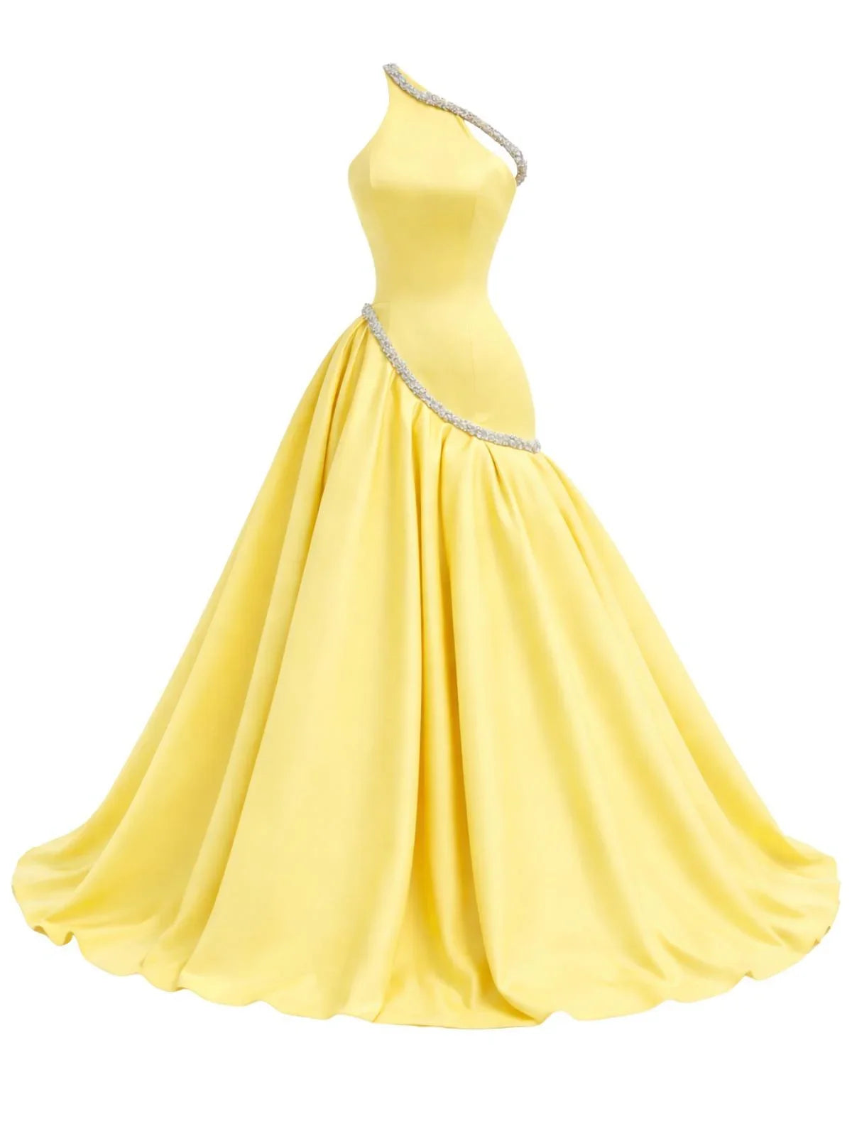 Yellow evening gown with a silver rhinestone waistband on a white background