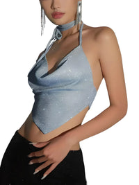 Thumbnail for Women's Sparkle Halter Bandana Top Aesthetic Backless Crop, Drestiny, Crop Tops, Tank Tops, Sleeveless, Casual Shirts, United States, USA, Gender_Women, Canada, Australia, New Zealand, United Kingdom, UK, Blue, S, M, L, Sparkly halter top, Bandana style top women's, Sequin halter top, Festival halter top, Cute going out tops, Sparkle bandana top, Halter neck crop top, Glitter halter top, Party tops for women, Bandana tops UK, shopdrestiny.com