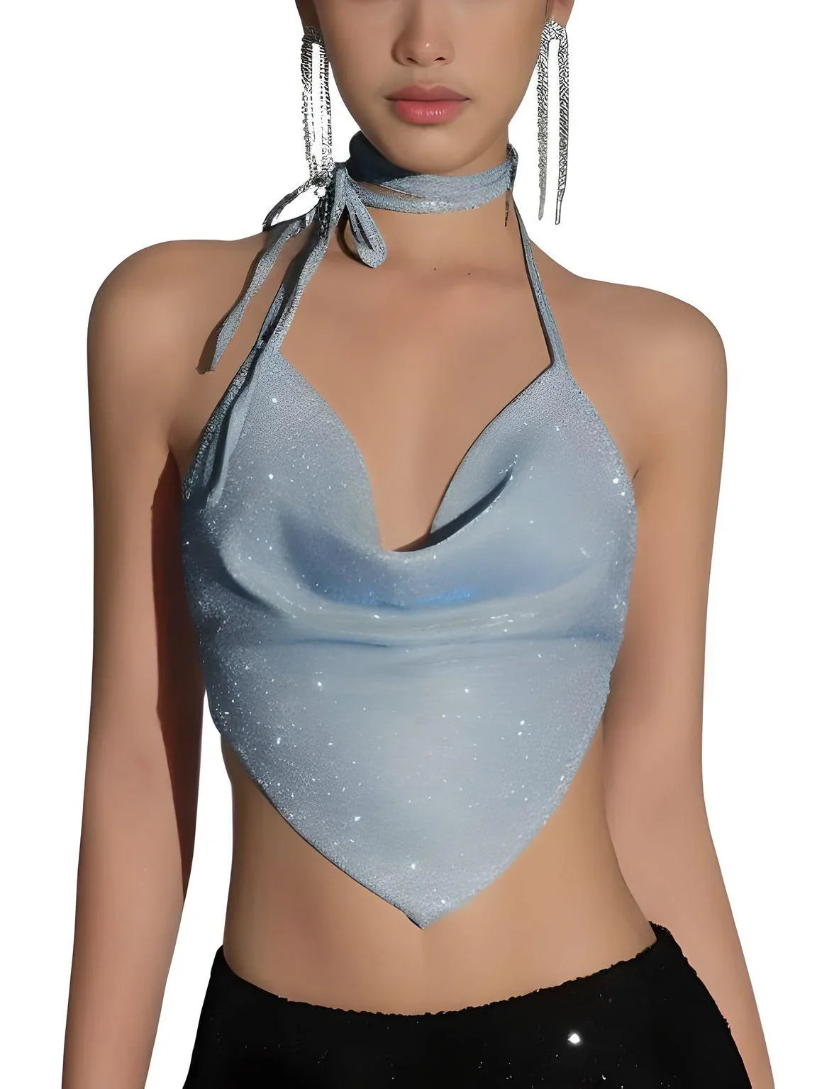 Women's Sparkle Halter Bandana Top Aesthetic Backless Crop, Drestiny, Crop Tops, Tank Tops, Sleeveless, Casual Shirts, United States, USA, Gender_Women, Canada, Australia, New Zealand, United Kingdom, UK, Blue, S, M, L, Sparkly halter top, Bandana style top women's, Sequin halter top, Festival halter top, Cute going out tops, Sparkle bandana top, Halter neck crop top, Glitter halter top, Party tops for women, Bandana tops UK, shopdrestiny.com