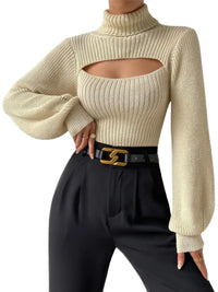 Thumbnail for Beige ribbed sweater with cut-out design worn by a person, paired with black high-waisted pants.