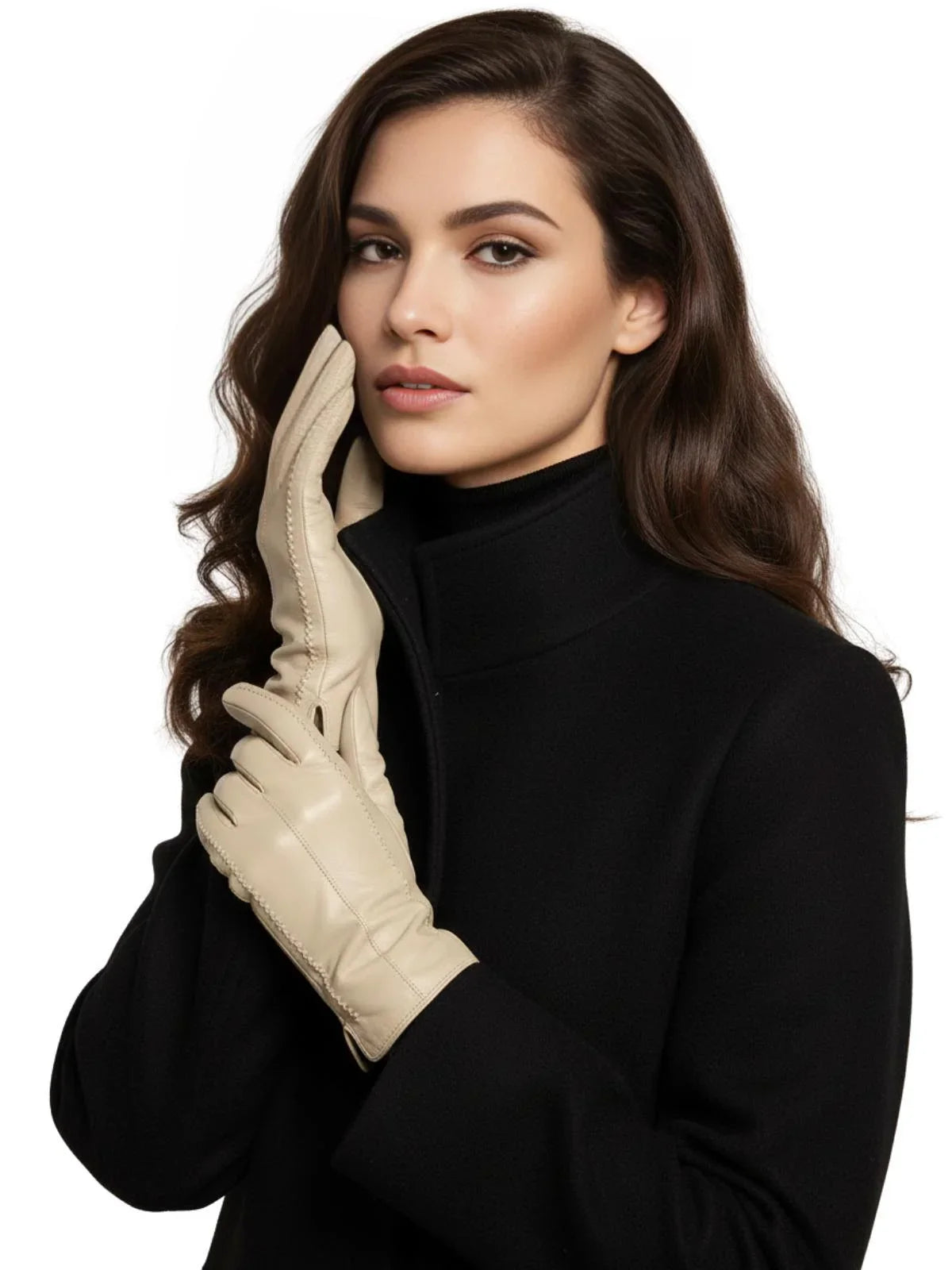 Woman wearing a black turtleneck and beige leather gloves on a white background