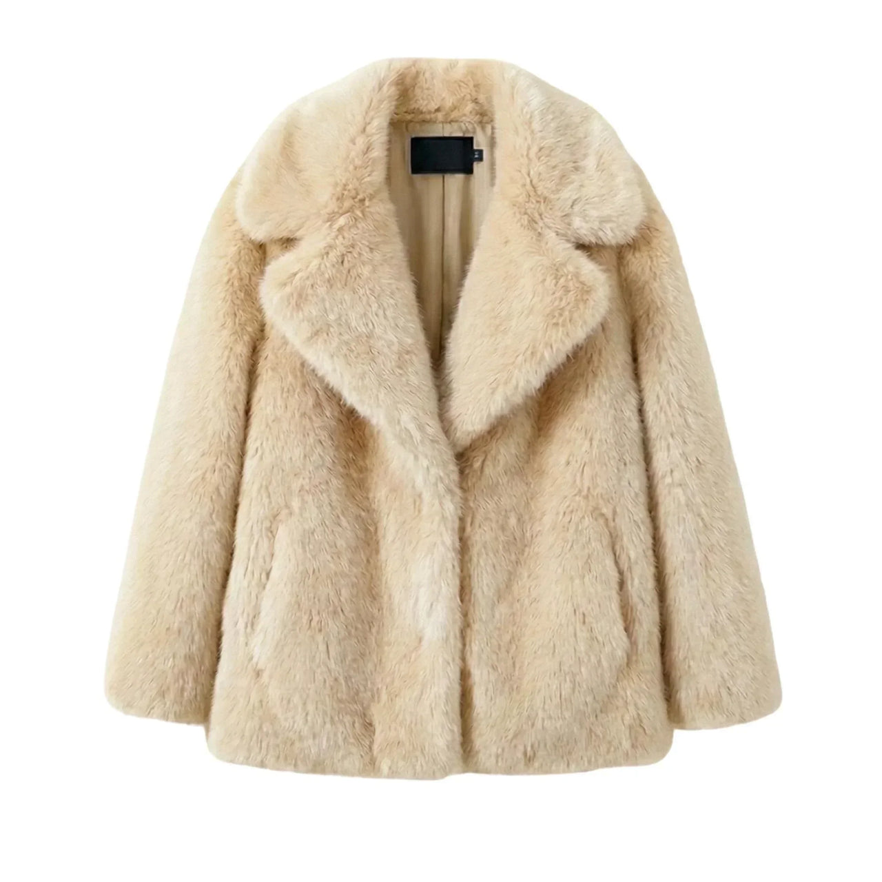 Beige faux fur coat on a white background