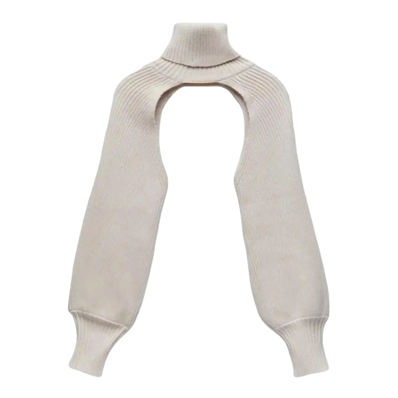 Beige ribbed knit sweater on a white background