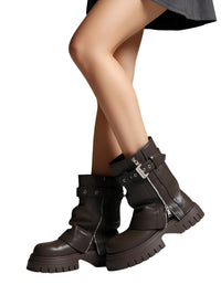 Thumbnail for Brown leather chunky boots with buckles worn by a person on a white background