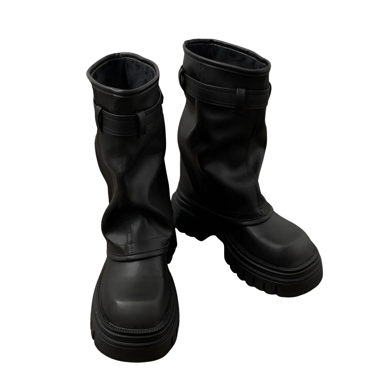 Women's Belt Buckle Chunky Boots Fashion Side Zipper Modern Boots Women High Quality Round Toe Mid-Calf Boots
