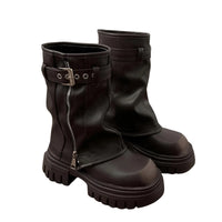 Thumbnail for Women's Belt Buckle Chunky Boots Fashion Side Zipper Modern Boots Women High Quality Round Toe Mid-Calf Boots