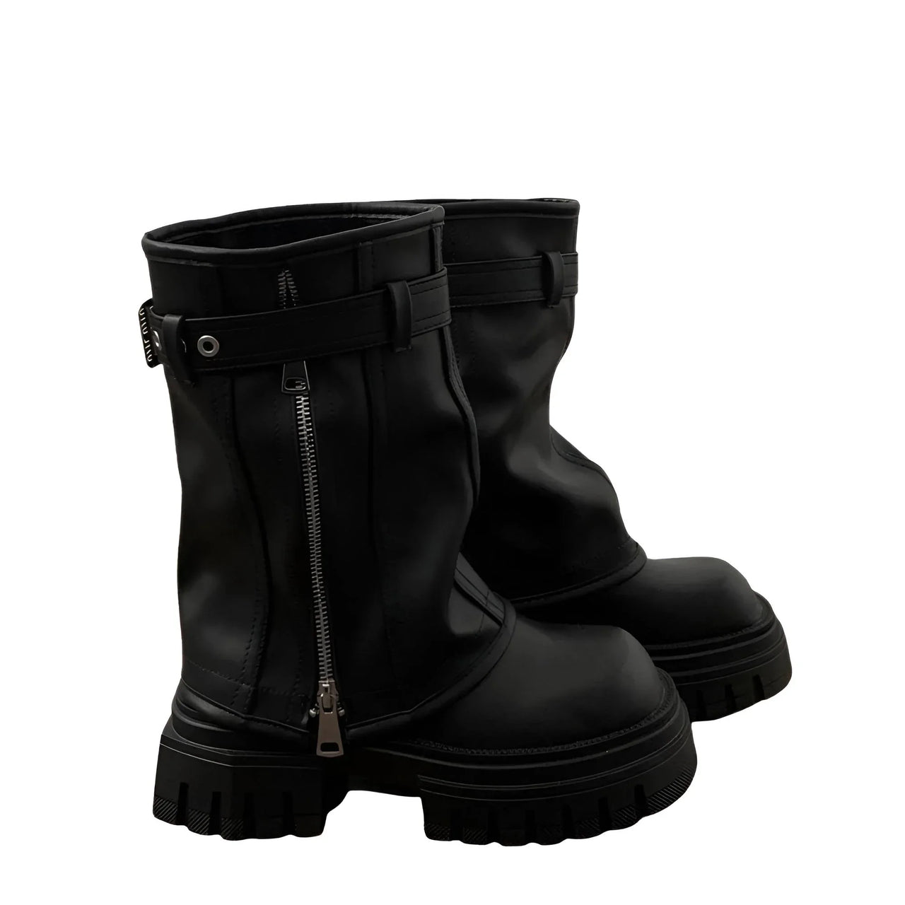 Women's Belt Buckle Chunky Boots Fashion Side Zipper Modern Boots Women High Quality Round Toe Mid-Calf Boots