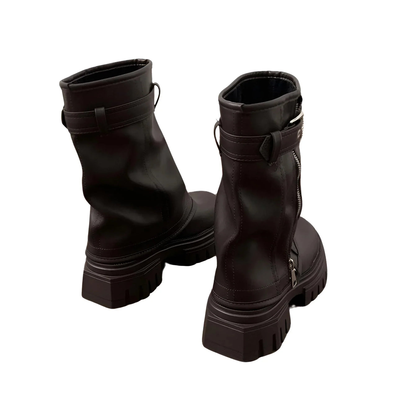 Women's Belt Buckle Chunky Boots Fashion Side Zipper Modern Boots Women High Quality Round Toe Mid-Calf Boots