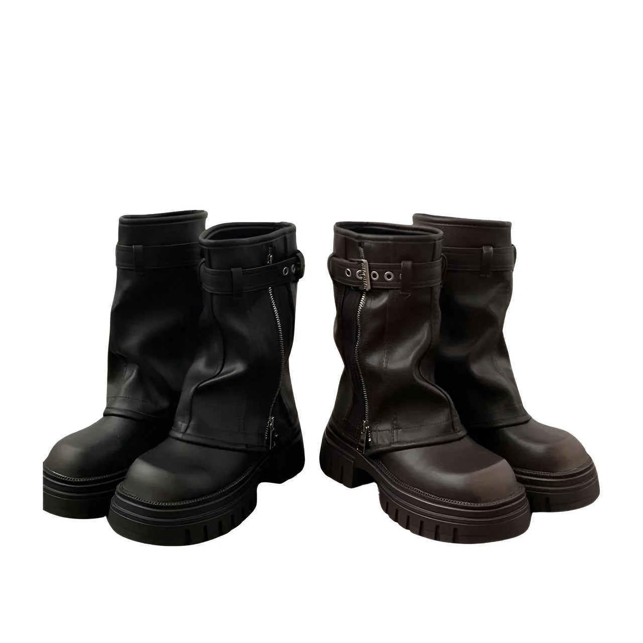 Women's Belt Buckle Chunky Boots Fashion Side Zipper Modern Boots Women High Quality Round Toe Mid-Calf Boots