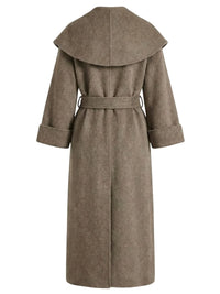 Thumbnail for A long camel waterfall coat with belt and shawl lapel on a white background