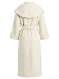Thumbnail for Back view of a long white waterfall coat with a belt and shawl lapel on a white background.