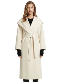 Thumbnail for Woman wearing a long white waterfall coat with belt and shawl lapel on a white background