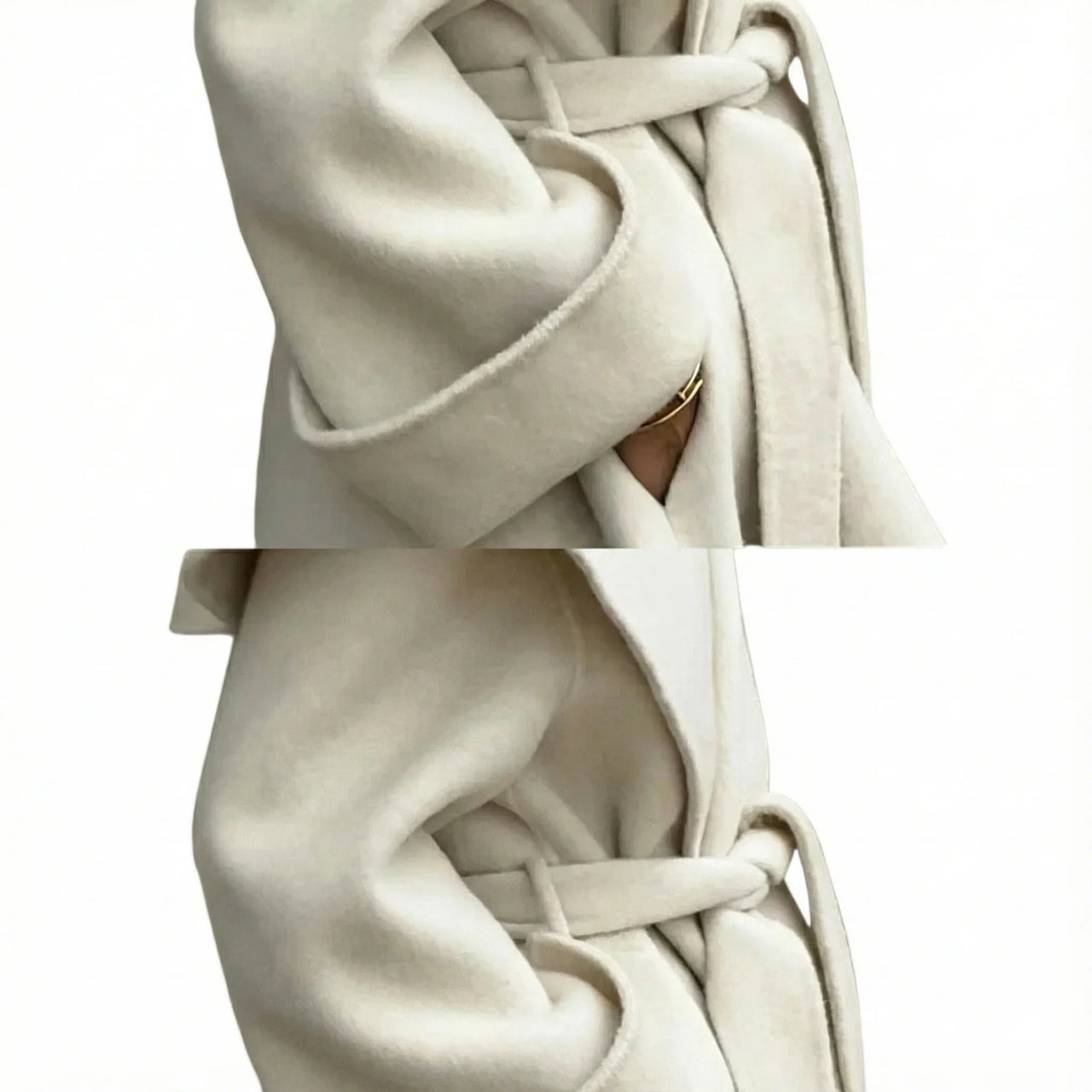 Close-up of a long white waterfall coat with a belt on a white background