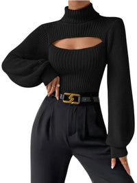 Thumbnail for Black ribbed sweater with cutout design and high-waisted black pants on a white background