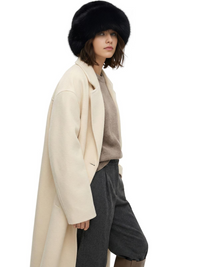 Thumbnail for Person wearing a long beige coat, black faux fur hat, and gray pants on a white background