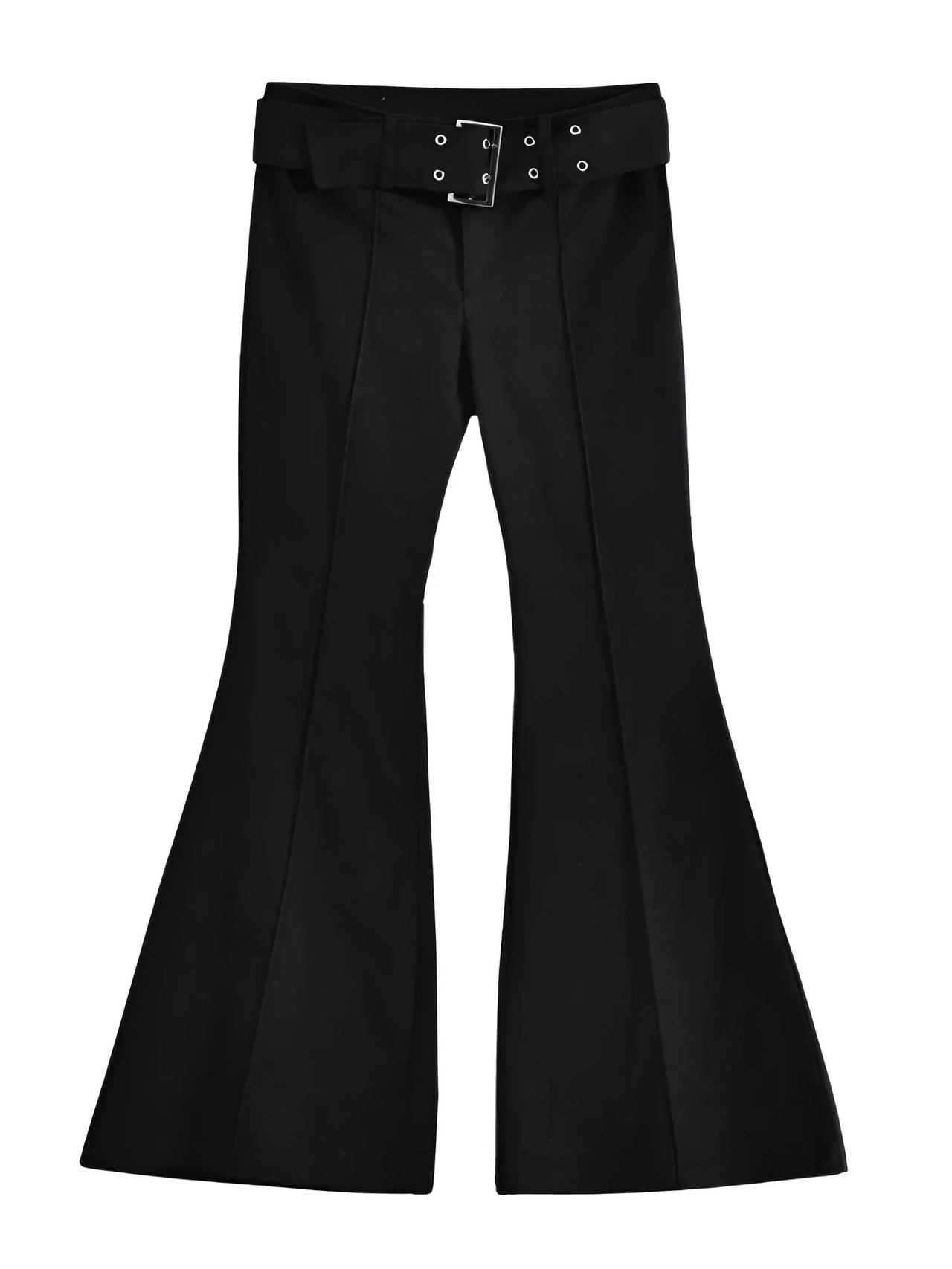 Black bell-bottom pants with a belt on a white background
