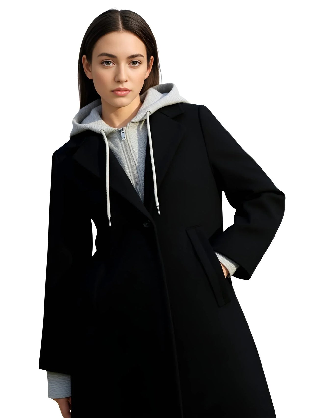 Woman wearing a black coat with gray hoodie on a white background