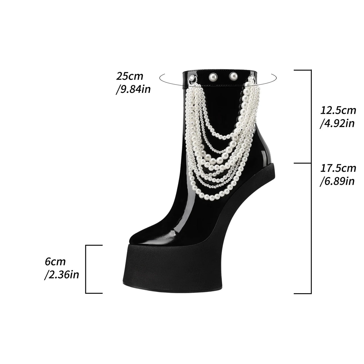 Black high-heeled shoe with pearl embellishments and measurements on a white background
