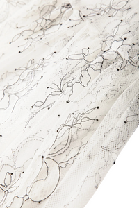 Thumbnail for Close-up of a textured lace with abstract black line art on a white background