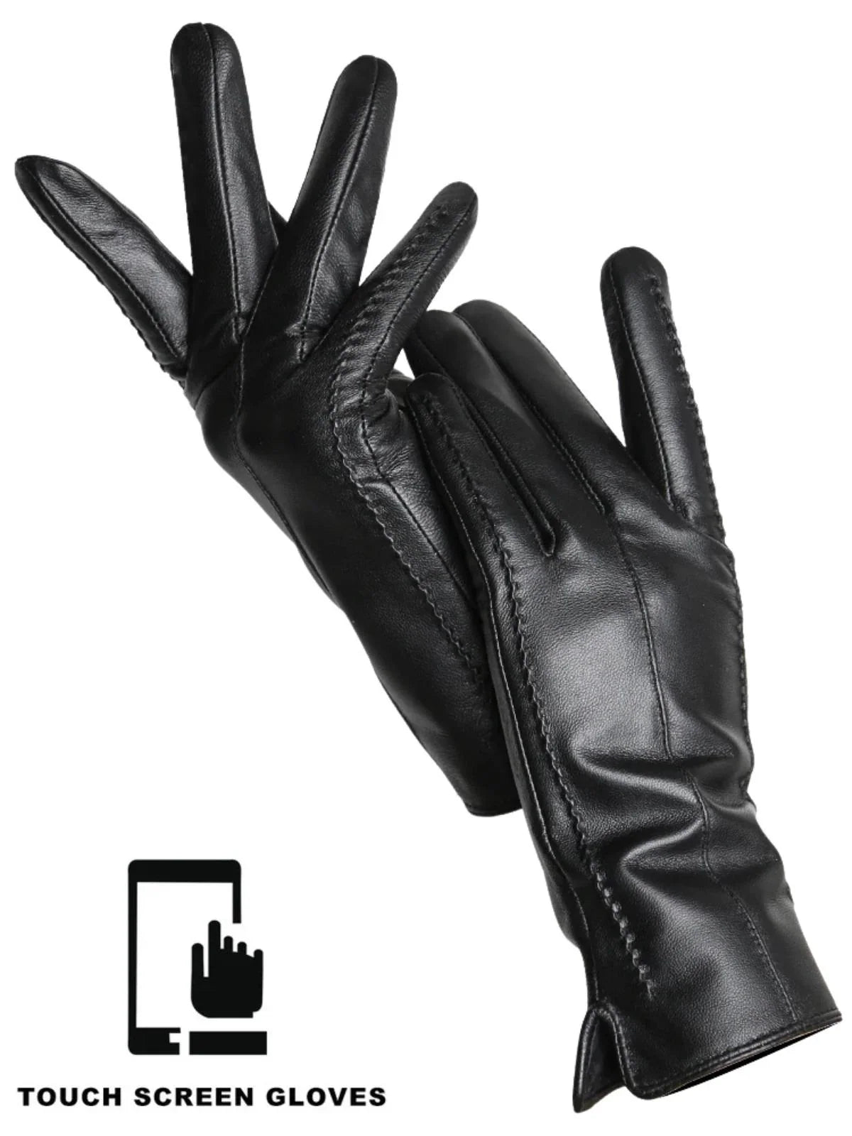 Black leather gloves with touch screen functionality on a white background