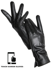 Thumbnail for Black leather gloves with touch screen functionality on a white background