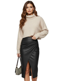 Thumbnail for Women's Midi Leather Skirt Sexy Split High Waist Front Slit Skirts Ladies Black Faux Leather Folded Skirt For Women