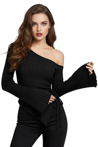 Thumbnail for Women's Off-Shoulder Asymmetrical Shirt Street Style Trumpet Sleeve Top Long Sleeve, Casual Shirts, Long Sleeves, XS, S, M, L, XL, United States, Off Shoulder, USA, Canada, Australia, New Zealand, United Kingdom, UK, Black, Grey, Olive Green, White, Khaki, Dark Olive Green, off the shoulder top, asymmetrical top women's, one shoulder top, off shoulder shirt, asymmetrical off shoulder top, shopdrestiny.com