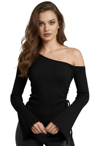 Thumbnail for Woman wearing a black one-shoulder asymmetrical ribbed top with long flared sleeves on a white background