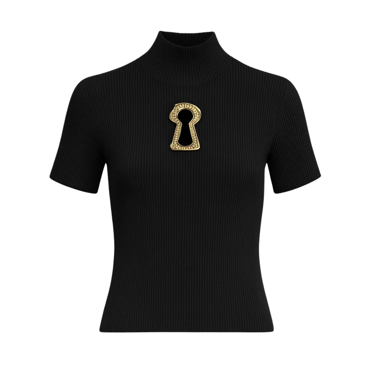 Black ribbed turtleneck top with a gold keyhole cutout design on a white background