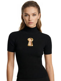Thumbnail for Black turtleneck top with a gold keyhole design on a white background