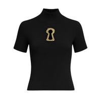Thumbnail for Black ribbed turtleneck top with a gold keyhole cutout design on a white background