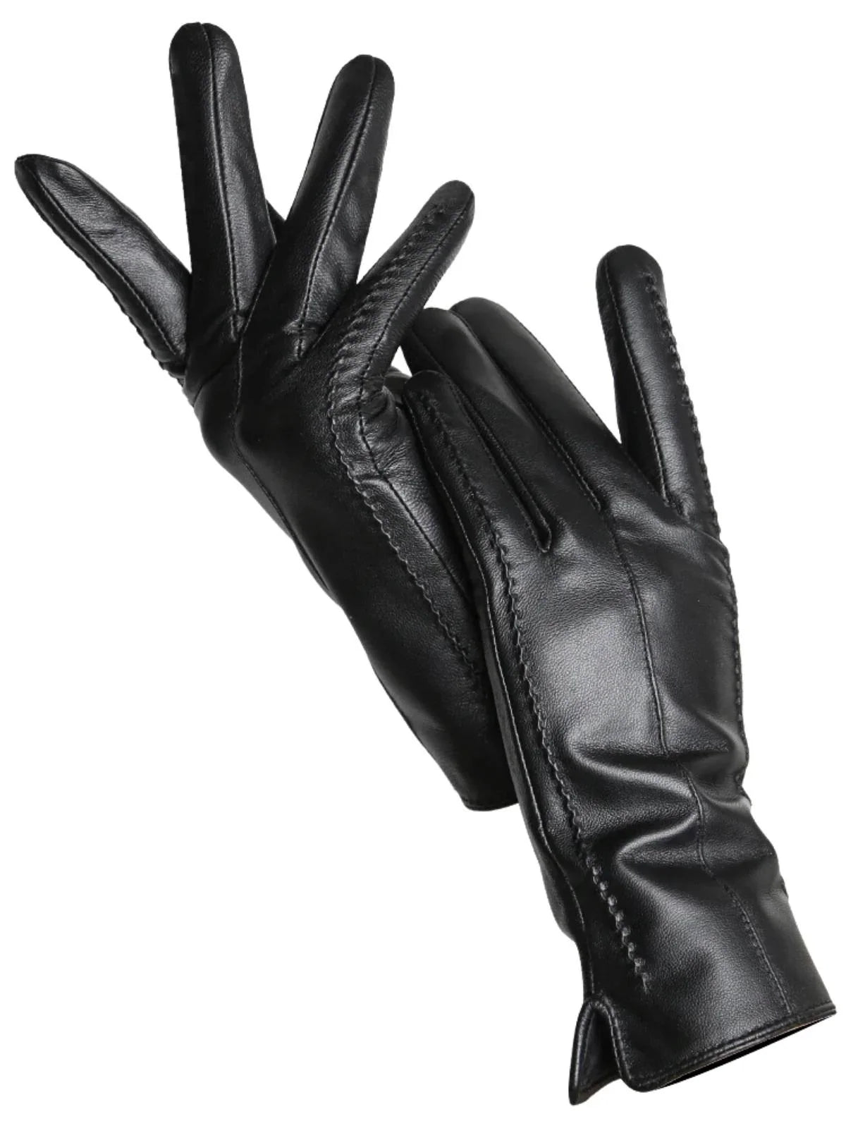 Pair of black leather gloves on a white background
