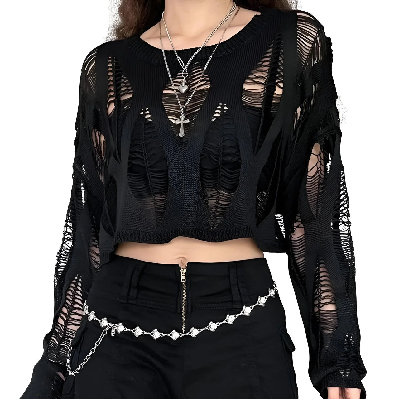 Black distressed sweater with sheer sleeves worn by a person on a white background