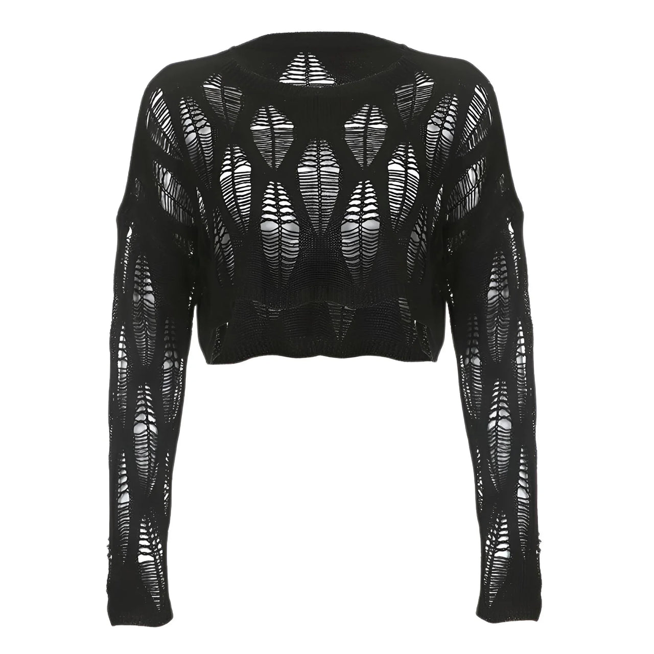Black long-sleeve top with geometric cut-out pattern on a white background
