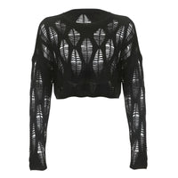 Thumbnail for Black long-sleeve top with geometric cut-out pattern on a white background