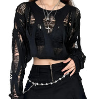 Thumbnail for Black distressed top with sheer sleeves and a matching skirt on a white background