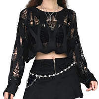 Thumbnail for Black outfit with sheer sleeves and a chain belt on a white background