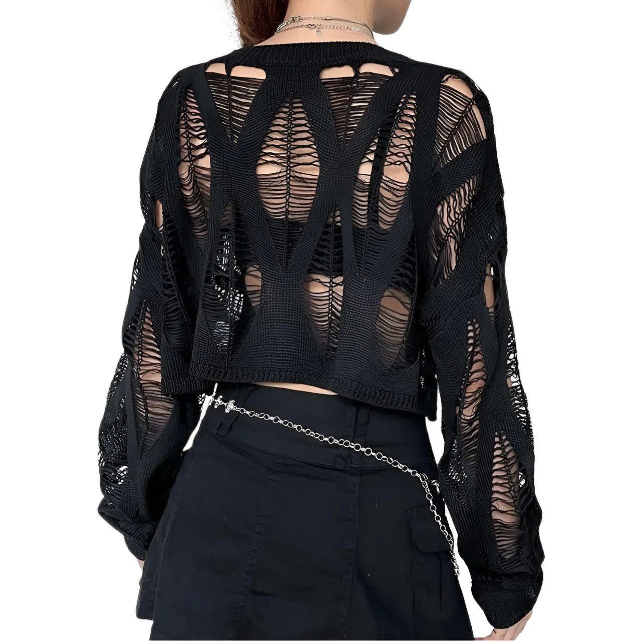 Black mesh top with cut-out design on a white background