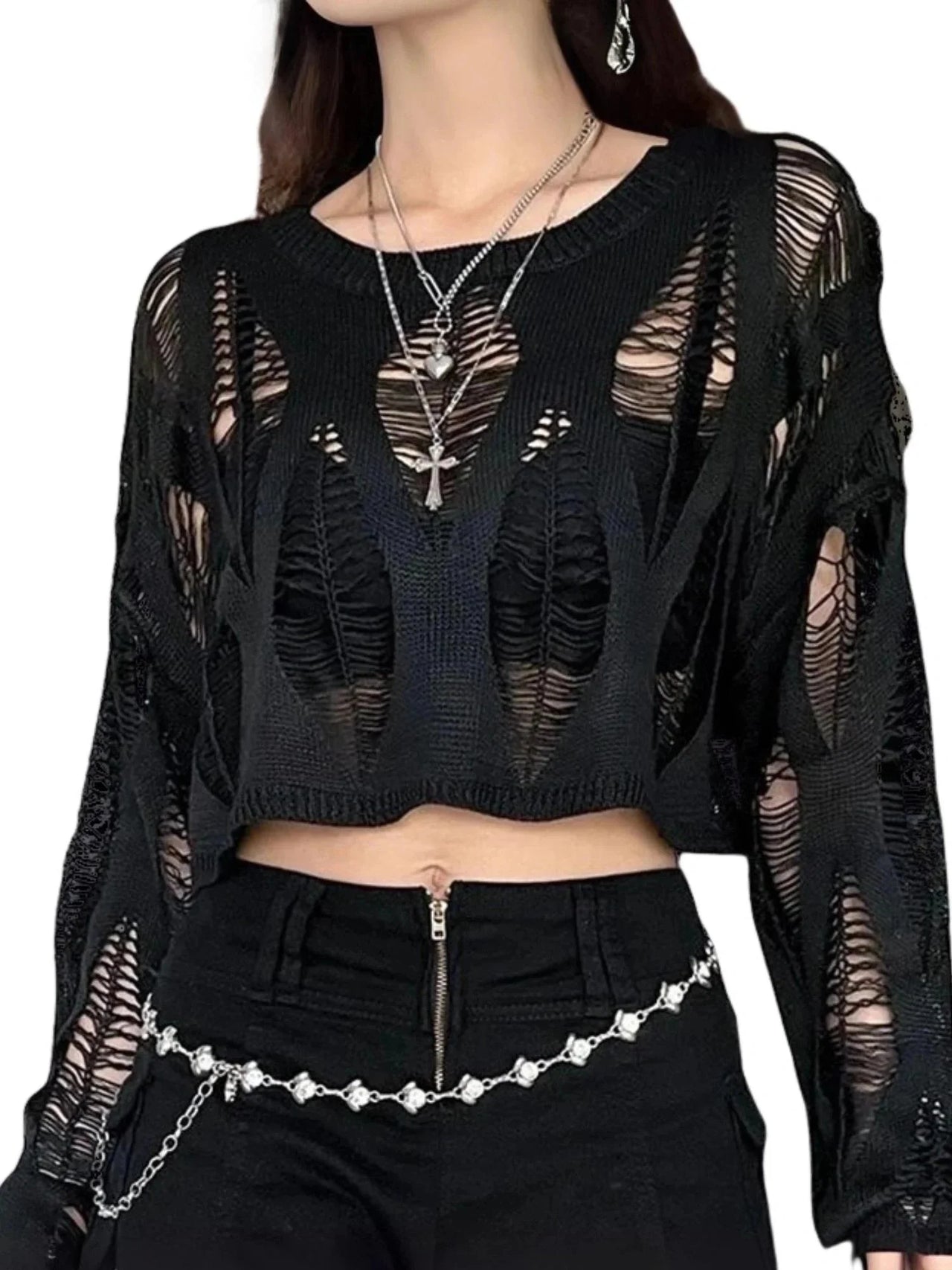 Women's Black Sheer Long-Sleeve Shirt Y2K Batwing Sleeve Shirt For Women Loose Streetwear Tops