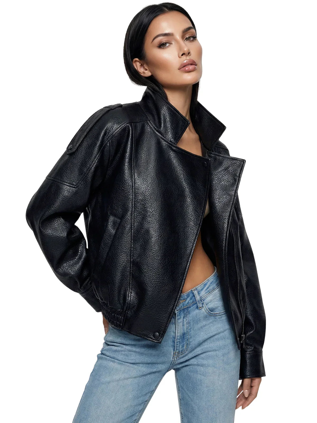 Women's Vegan Leather Bomber Jacket Pebble Faux Leather Jacket Motorcycle Style Trending Fashion