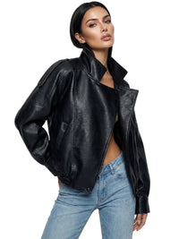 Thumbnail for Women's Vegan Leather Bomber Jacket Pebble Faux Leather Jacket Motorcycle Style Trending Fashion