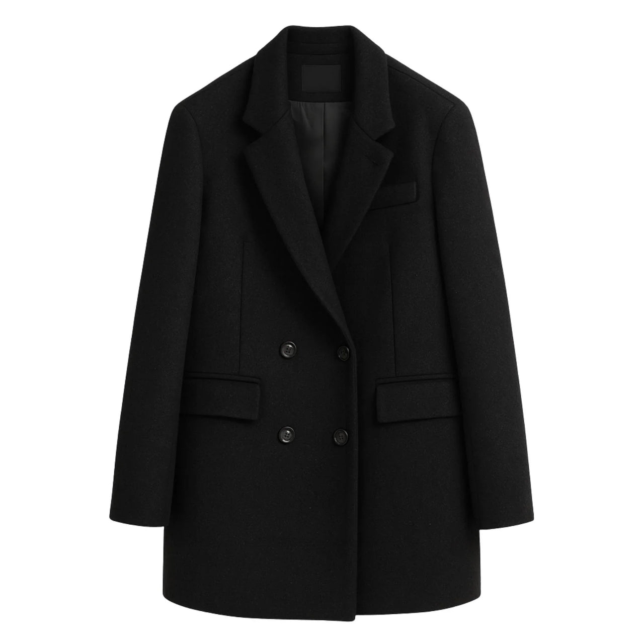 Women's black wool coat on a white background