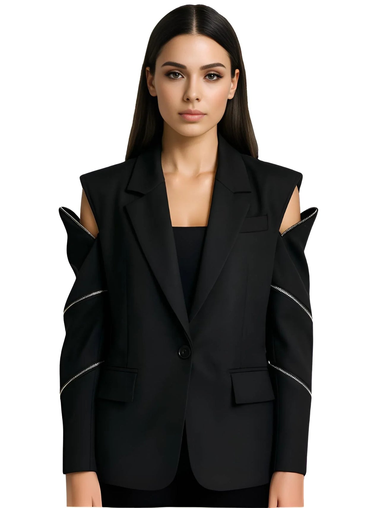 Black zipper blazer with cold shoulders worn by a model on a white background